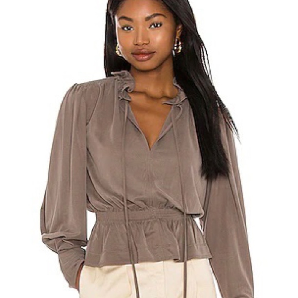 Rebecca Taylor Slit Neck Blouse in Taupe Modal Ruffle Neckline Office Work